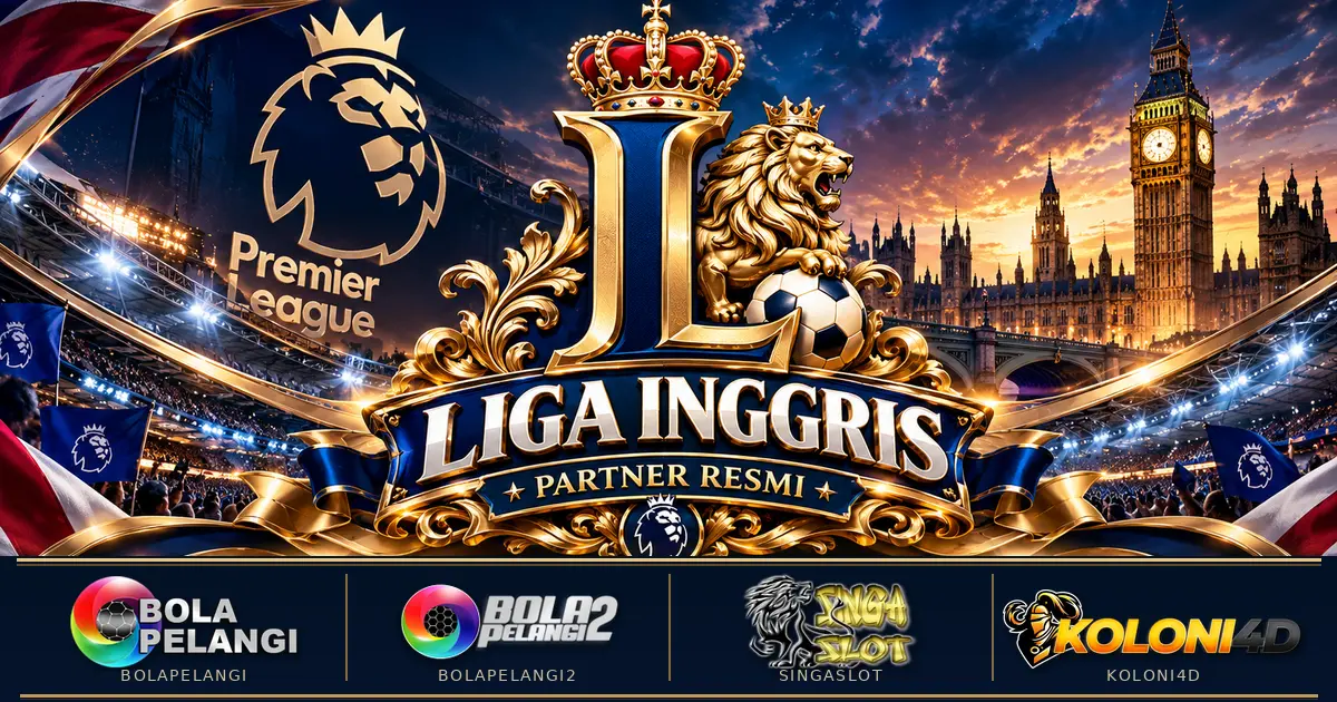 Banner LIGAINGGRIS bertema sepak bola Inggris dengan ornamen emas dan empat brand pilihan